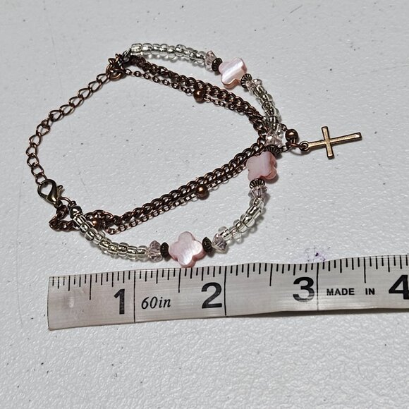 Cross Multi Strand Charn Bracelet Pink Flower Clear Beads Bronze Chain Religion - Picture 4 of 4